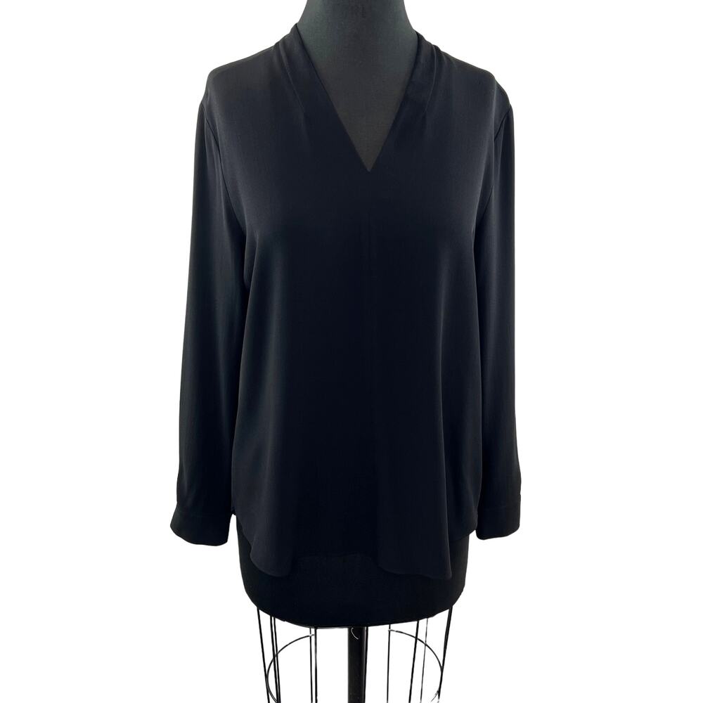Eileen Fisher Black Top Georgette Crepe V-Neck Shirttail Hem Button Cuff S Small